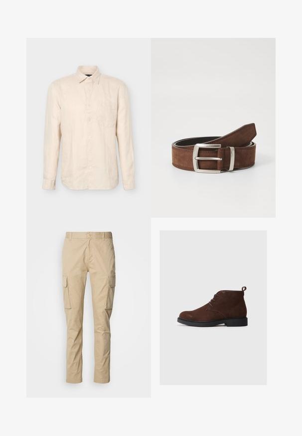 Chemise beige à manches longues avec boutons, col pointu et poche poitrine, vue de face sur un fond uni.; Pantalons cargo beiges à coupe droite, dotés de deux grandes poches latérales, d'une fermeture à bouton et fabriqués en tissu en coton léger.; Bottines en suède marron avec un bout arrondi, un design à lacets et un petit talon. Équipées d'une boucle à l'arrière pour un enfilage facile.; Ceinture en suède marron avec une boucle en métal argenté et des détails de coutures linéaires. La ceinture est plate et a une largeur et une forme classiques.