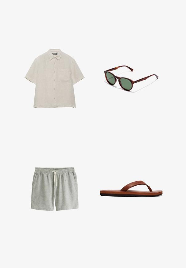 Beigefarbenes Leinenhemd mit kurzen Ärmeln, Knöpfen vorne, einer Brusttasche und klassischem Kragen, flach auf weißem Hintergrund liegend.; Hellgraue lässige Shorts mit elastischem Bund, weißem Kordelzug, Seitentaschen und strukturiertem Stoff.; Braune Lederflip-Flops mit einem strukturierten Riemen, einer gepolsterten Innensohle und einer schwarzen Gummisohle. Seitenansicht, die das schlanke Design hervorhebt.; Braune Schildpatt-Sonnenbrille mit runden Rahmen, grünen Gläsern und gemusterten Bügeln. Mit Markenlogo an einem Bügel.