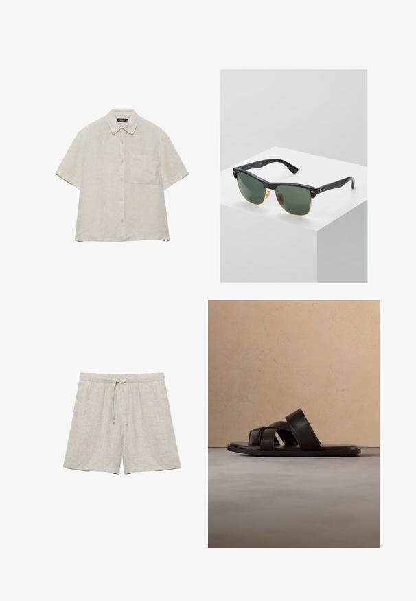 Beige kortærmet linnedskjorte med knapper foran, en brystlomme og en klassisk krave, lagt fladt på en hvid baggrund.; Lyse beige hørshorts med elastisk linning og snor, lige ben, ingen synlige mærker eller mønstre.; Sort lædersandal med tre krydsede stropper, flad sål og glat tekstur, hængende over et vævet naturskinds tæppe.; Ray-Ban solbriller med grønne linser, sorte plastikstel og gyldne detaljer ved kanterne. Firkantet form med mat finish.