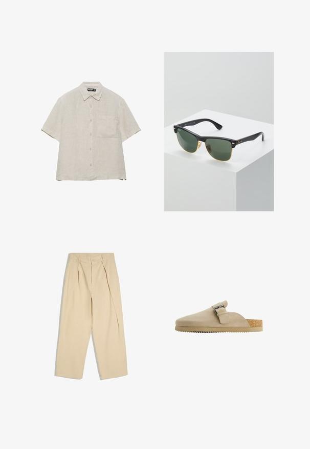 Beige linnnen overhemd met korte mouwen, knopen aan de voorkant, één borstzak en een klassieke kraag, plat gelegd op een witte achtergrond.; Beige hoge taille broek met plooien aan de voorkant, knoop- en ritssluiting en brede rechte pijpen.; Beige suède klomp met een gebogen vorm, verstelbare metalen gesp en een getextureerde kurken voetbed. De buitenzool heeft een getande rand voor grip.; Ray-Ban zonnebrillen met groene lenzen, zwarte plastic monturen en gouden accenten aan de randen. Vierkante vorm met een matte afwerking.