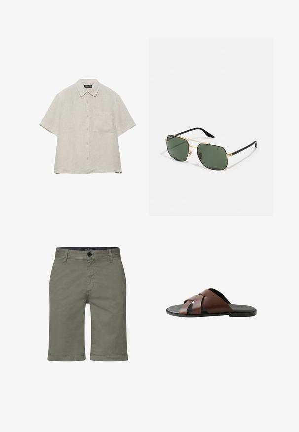 Beigefarbenes Leinenhemd mit kurzen Ärmeln, Knöpfen vorne, einer Brusttasche und klassischem Kragen, flach auf weißem Hintergrund liegend.; Khakishorts aus einem glatten Baumwollmischmaterial, mit einem Reißverschluss, einem Knopfverschluss und Fronttaschen. Gerades Bein Design, knielanger Schnitt.; Braune Herren-Pantoletten aus Leder mit gekreuzten Riemen und schwarzer Sohle, seitlich auf weißem Hintergrund dargestellt.; Goldfarbene Sonnenbrille mit grünen Gläsern, rechteckiger Form, schwarzen Kunststoffbügeln und einem zweifarbigen Design. Verfügt über Nasenpads für zusätzlichen Komfort.