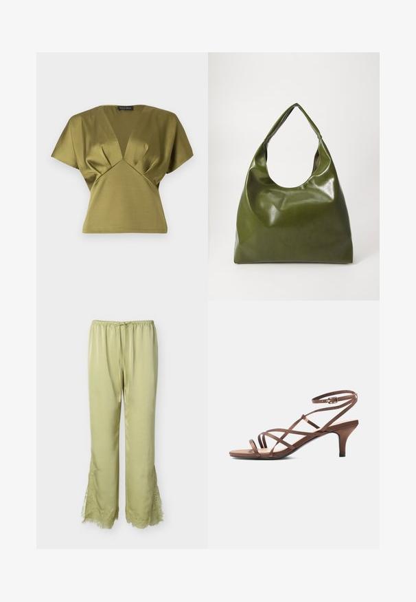 Haut vert olive avec un col en V et des manches courtes, présentant des détails plissés au niveau de la poitrine. Fabriqué dans un tissu lisse et doux.; Pantalon en satin vert clair avec taille élastique, cordon de serrage, et détails en dentelle le long de l'extérieur des jambes inférieures et des ourlets.; Sandale marron à fines brides, boucle à la cheville et talon de hauteur moyenne, vue de côté sur fond blanc.; Sac hobo en cuir vert au design décontracté, avec une poignée incurvée et une texture lisse. Ne contient aucun matériel ou accent visible.
