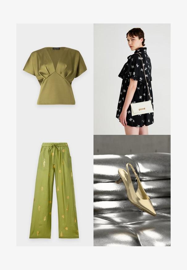 Haut vert olive avec un col en V et des manches courtes, présentant des détails plissés au niveau de la poitrine. Fabriqué dans un tissu lisse et doux.; Pantalons larges olive avec taille élastique et cordon de serrage, décorés de motifs en or de coquillages et de conques.; Escarpin à bride arrière métallique doré avec bout pointu, talon fin et texture lisse, sur fond métallique brillant.; Robe noire avec des motifs de nœuds blancs, manches courtes, volants aux épaules. Pochette blanche avec chaîne en or et fermoir, tenue dans la main droite.