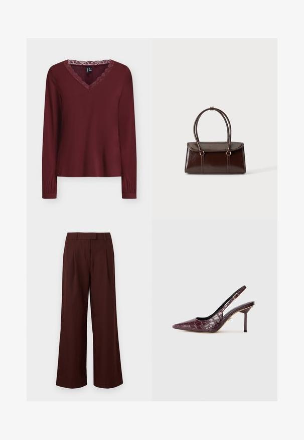 Bordeauxkleurige blouse met lange mouwen en een V-hals, gedetailleerd met een kanten rand en subtiele plooien aan de manchetten, getoond op een effen achtergrond.; Wijde, high-waist broek in donkerbruin met riemlussen en voorplooien, afgebeeld tegen een effen witte achtergrond.; Bordeaux kleurige slingback hakken met een spitse neus, krokodillenstructuur, dunne hak en zijgesp/delict. Gladde binnenvoering.; Donkerbruine glanzende leren handtas met een gestructureerd rechthoekig lichaam en twee lange afgeronde handvatten tegen een effen lichte achtergrond.