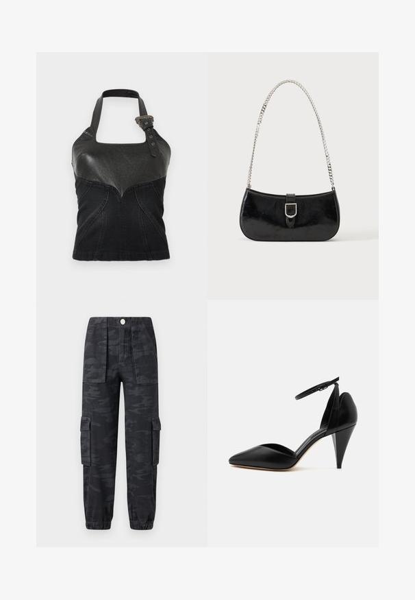 Čierny halter top s koženou hornou časťou a detailom s prackou na ramienku, denimovou dolnou časťou a priliehavým strihom.; Cargo nohavice v tmavom maskáčovom vzore, s elastickým pásom, bočnými vreckami a manžetami na spodku. Vyrobené z odolného materiálu.; Čierny kožený vysoký podpätok so špicatou špičkou, opaskom okolo členku a kužeľovitým podpätkom na bielom pozadí.; Čierna lakovaná kožená kabelka na rameno so striebornou prackou a strieborným reťazovým remienkom, zobrazená na jednofarebnom svetlom pozadí.