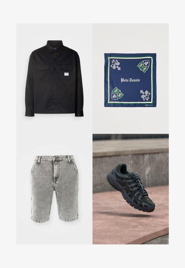 Schwarzes Langarmshirt aus Baumwolle. Verfügt über ein Knopfdesign, zwei Brusttaschen und ein kleines Logoetikett auf der linken Tasche.; Graue Denim-Shorts mit klassischem Schnitt, ausgestattet mit fünf Taschen, Gürtelschlaufen und einem ausgewaschenen Look; keine auffälligen Abnutzungen oder Muster.; Dunkelgrauer Nike Laufschuh mit Mesh- und Synthetikdesign, schwebt über einer rosa Betonfläche vor grauem Stein-Hintergrund.; Marineblaues quadratisches Halstuch mit grünen und beigen Rändern, mit dem Schriftzug „Polo Tennis“, gekreuzten Tennisschlägern und Schild-Emblemen in den Ecken.