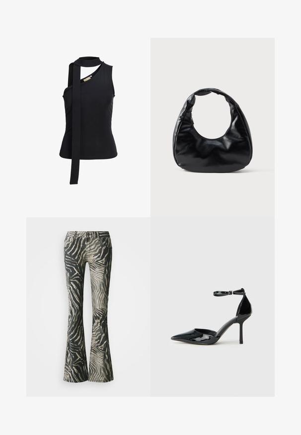 Schwarzes ärmelloses Top mit asymmetrischem Ausschnitt und langem Stoffband, das vorne auf weißem Hintergrund herunterhängt.; Schlagjeans im schwarz-beigen Zebra-Muster, aus Denim-Material, mit Fünf-Taschen-Design und sichtbaren Nahtdetails.; Schwarzer patentierter Lederpumps mit spitzem Zehenbereich, Knöchelriemen und schlankem Stiletto-Absatz; glatte, glänzende Textur und minimalistisches Design.; Schwarze Kunstleder-Handtasche mit einzigartiger Halbmondform, einem breiten, gepolsterten Henkel und einem Reißverschluss. Glatte, glänzende Textur, minimalistisches Design.