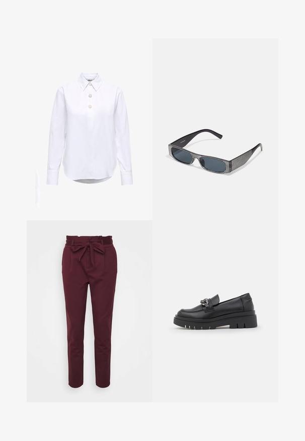Hvid bluse med lange ærmer, spidse kraver og tre dekorative firkantede knapper ned foran i midten.; Vero Moda VMEVA PAPERBAG PANT - Bukser - winetasting; Sort loafersko med en kraftig platformsål, glat læderoverdel, dekorativ kædeaccent og let hæl med notched detalje.; Sorte solbriller med grå linser, der har et gittermønster af små metalliske rhinsten langs stellet. Glat overflade, kantede design.