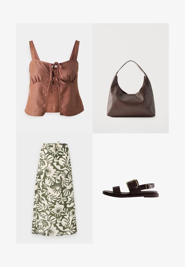 Brun linned crop top med justerbare stropper, frontknude-detalje og samlede detaljer i siderne. Glat tekstur og afslappet pasform.; Lang nederdel lavet af stof med et grønt og cremefarvet blomstermønster, med snoretræk i taljen og en blød, tekstureret finish.; Mørkebrune flade sandaler med to justerbare guldspænder, én over fodens vrist og én ved anklen, på hvid baggrund.; Brun flettet læder skuldertaske med en enkelt bred strop og en slasket, halvmåneformet krop.
