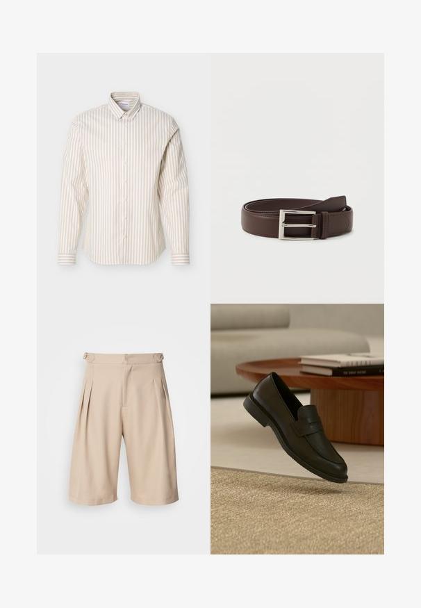 Chemise à manches longues beige et blanche à rayures verticales avec col boutonné, présentée sur un fond blanc uni.; Shorts plissés beige au design ajusté, avec une texture lisse et des poches latérales, fermés par une fermeture éclair discrète à la taille.; Chaussure mocassin en cuir noir présentée en suspension au-dessus d'un tapis beige tissé, avec une table en bois et des livres empilés dans un salon doucement éclairé.; Ceinture en cuir marron foncé avec une boucle rectangulaire en argent, soigneusement enroulée sur un fond blanc uni.