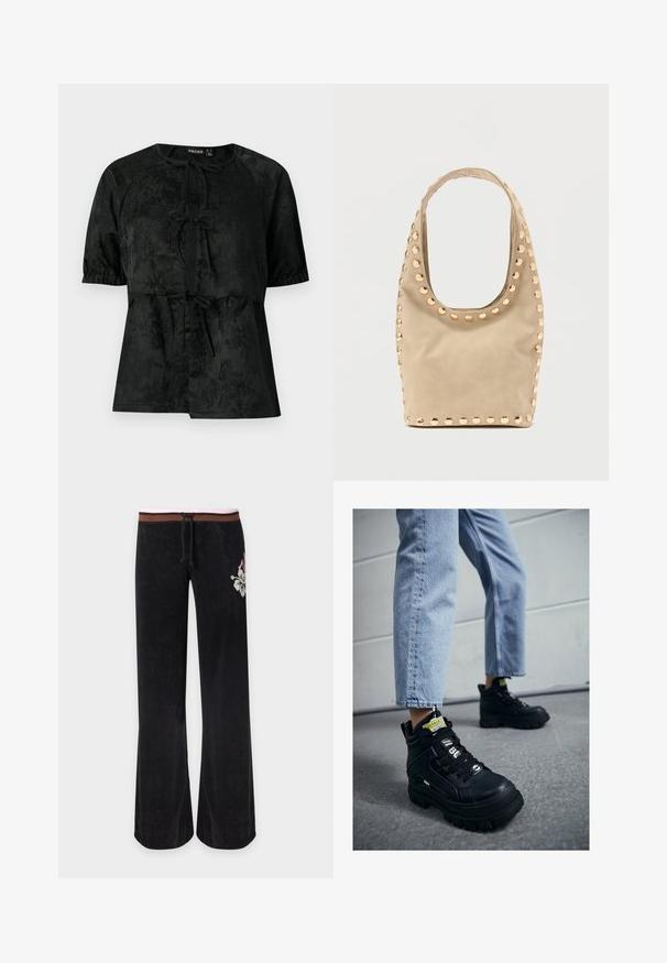Blusa negra de manga corta con un sutil patrón de jacquard floral, tres cierres con lazo en el frente y puños de manga elásticos.; Pantalones negros de pierna ancha con cintura a rayas marrón y rosa, cordón ajustable y bordado floral blanco en la cadera derecha.; Zapatillas altas negras con suela gruesa, con diseño de cordones, acentos de logo y etiquetas amarillas. Combinadas con unos vaqueros cortos de color azul claro.; Bolso beige con forma redondeada, textura suave y tachuelas circulares doradas alrededor de los bordes. Cuenta con una sola correa y una apertura espaciosa.