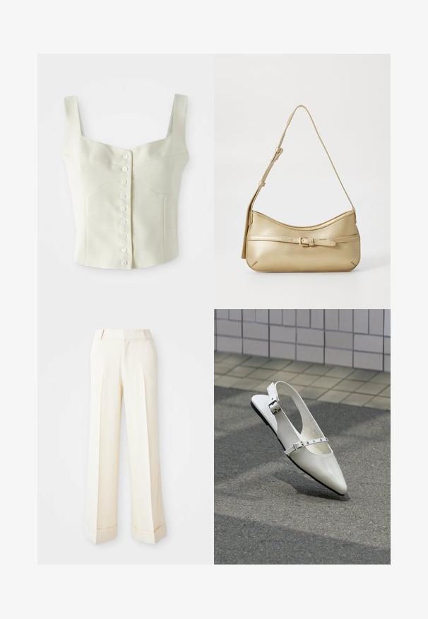 Top corto sin mangas color crema con tirantes anchos y una fila delgada de pequeños botones blancos en el centro.; Pantalones de pierna ancha beige con una textura suave, pliegues frontales y puños doblados. Presentan trabillas para cinturón y cierre con cremallera.; Zapato plano blanco con punta puntiaguda y diseño slingback con dos hebillas plateadas, mostrado al aire libre sobre un suelo texturizado y fondo de pared con azulejos.; Bolso de hombro metálico dorado con forma curvada, textura suave, una correa plana y un detalle decorativo de hebilla en la parte frontal.