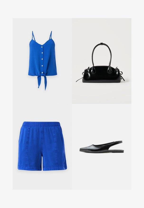 Blaues ärmelloses Oberteil mit V-Ausschnitt, sechs weißen Knöpfen vorne und einem gebundenen Knoten am Saum. Strukturierter Stoff mit dünnen Trägern.; Blaue Baumwollshorts mit einem elastischen Bund, seitlichen Taschen und gesteppten Nähten, die eine glatte Textur und ein lässiges Design aufweisen.; Schwarzer Slingback-Schuh aus Lackleder mit flachem Absatz, spitzer Zehenpartie und niedrigem Absatz vor weißem Hintergrund.; Kleine schwarze glänzende Handtasche mit zwei langen Griffen und seitlichen Kordelzug-Details vor einfachem hellem Hintergrund.