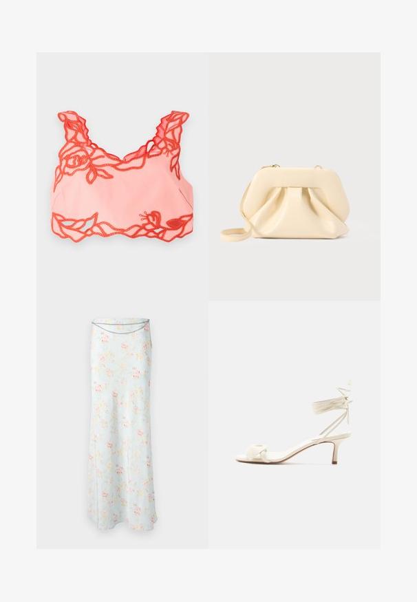 Kergelt roosa bralette, mille ääred on kaunistatud punaste lillemotiividega pitsdetailidega ja laineliste rihmadega, valmistatud pehmest kangast sujuva viimistluse saavutamiseks.; Rabanne Maksiseelik - pink/blue/green/yellow; Kreemikas madala kontsaga sandaal, millel on pahkluu ümber seotud paelad ja lai keerutatud rihm varvaste kohal, valgel taustal.; Beež pehme naha õlakott, millel on struktureeritud raam ja volditud eesmine detail, õhuke randmerihm ning kuldne tõmblukk.