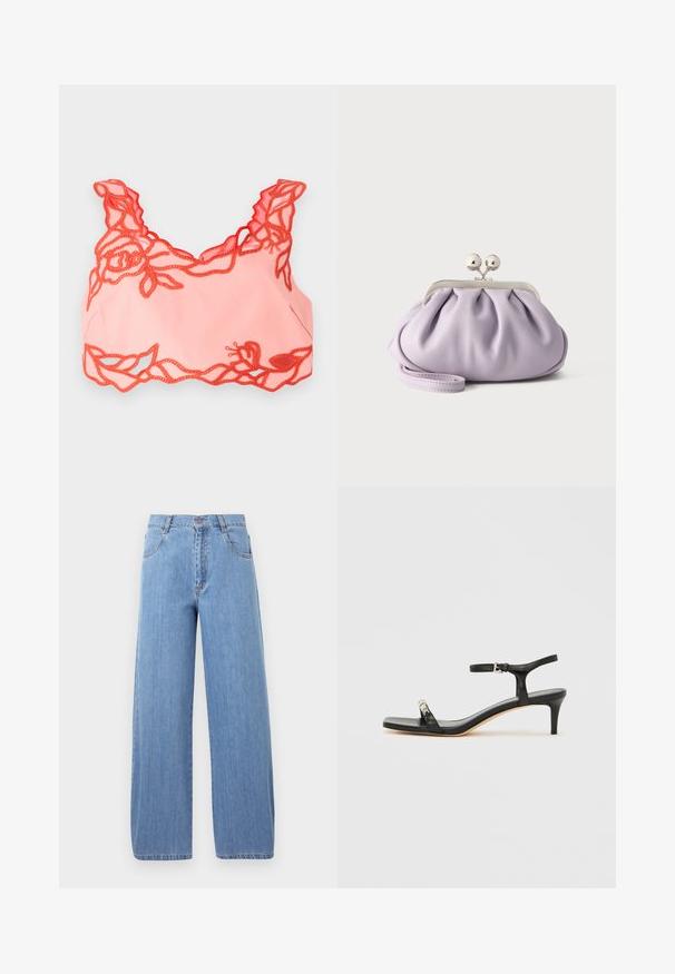 Bralette rose clair avec une bordure en dentelle florale rouge le long des bords et des bretelles festonnées, fabriqué à partir d'un tissu doux pour une finition lisse.; Jeans en denim bleu clair à jambes larges, dotés d'une taille haute, de poches avant et de détails de couture subtils sur les coutures.; Sandale noire en cuir à talon avec bride à la cheville, bout ouvert, devant carré et accent en métal argenté. Design ajusté avec un profil élégant.; Pochette lavande douce avec tissu froncé, fermoir kiss-lock argenté et bracelet assorti sur un fond clair uni.