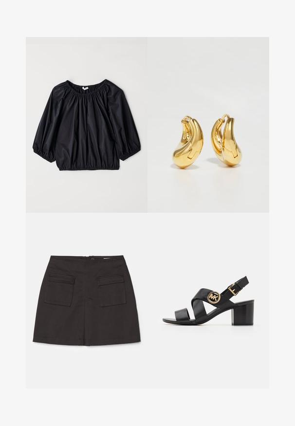 Blouse noire légère avec un col et des poignets élastiques. Présente une forme ample et ballon ainsi qu'une texture lisse et brillante.; Holzweiler CARO SKIRT - Minijupe - black; Sandale en cuir noir avec des lanières croisées et un logo rond MK. Le talon carré est de hauteur moyenne, offrant à la fois stabilité et un design élégant.; Boucles d'oreilles en or en forme de d'anneaux lisses et courbés avec une finition polie. Équipées d'un mécanisme de fermeture et de légères indentations pour le détail.