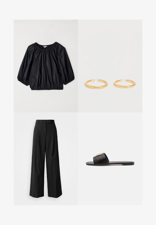 Blouse noire légère avec un col et des poignets élastiques. Présente une forme ample et ballon ainsi qu'une texture lisse et brillante.; Pantalons noirs à jambe large en tissu lisse avec une taille haute, dotés de deux plis frontaux et d'une coupe ajustée.; Sandales slides en cuir noir avec un bout ouvert, une semelle plate et un accent décoratif en or sur le dessus. Texture lisse avec un design minimal.; Paire de boucles d'oreilles créoles dorées brillantes avec des fermoirs en fil fin sur un fond blanc uni.