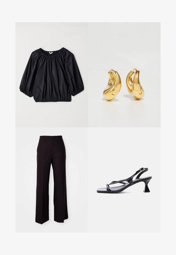 Schwarze, leichte Bluse mit einem elastischen Ausschnitt und Bündchen. Hat eine lockere, ballonartige Form und eine glatte, glänzende Textur.; Schwarze weite Hose mit hoher Taille, aus einem glatten Material und dezenten Vorderfalten, maßgeschneidert für eine strukturierte Passform.; Schwarze Ledersandale für Damen mit dünnen Riemen, quadratischer Spitze, verstellbarer Schnalle am Knöchel und ausgestelltem, mittelhohem Absatz.; Goldene Creolen mit einer glatten, geschwungenen Form und polierter Oberfläche. Mit einem Verschlussmechanismus und leichten Einkerbungen für Details.