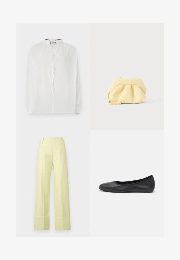 Blouse blanche avec un col haut, dotée d'une fermeture à cordon et d'un passepoil noir contrastant le long de l'encolure et des manches. Tissu doux.; Pantalon large en tissu jaune pâle avec une texture lisse. Dispose d'une taille haute et d'une couture contrastante le long de l'ourlet.; Ballerines en cuir noir avec un bout rond, texture lisse, détails de couture minimalistes et design de semelle flexible.; Pochette en cuir jaune doux avec un design froncé et une bandoulière amovible, posée sur un fond clair uni.