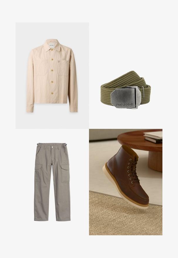 Beige overhemd met knopen, lange mouwen, twee borstzakken aan de voorkant en een kraag, weergegeven op een witte achtergrond.; Cargo broek in lichtgrijze stof, met twee grote zijzakken, voorzakken, een knoopsluiting en een losse pasvorm.; Bruine leren enkelboot met beige zool op een gestructureerd beige vloerkleed naast een ronde houten tafel met opgestapelde boeken.; Olivengroene geweven stoffen riem met een grote rechthoekige geborstelde metalen gesp gegraveerd met "PME LEGEND".