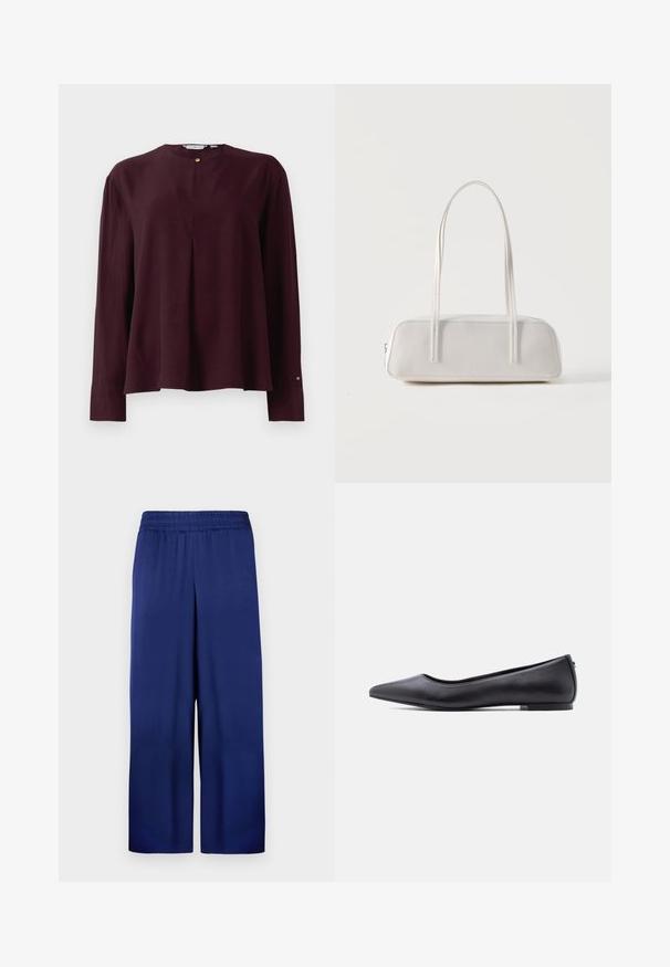 Blusa de manga larga burdeos oscuro con escote redondo, pliegue delantero y cierre en el cuello con un solo botón dorado.; Pantalones de pierna ancha en azul marino con una cintura elástica, fabricados en tela suave, que presentan un diseño simple y funcional sin patrones visibles.; Zapato plano de cuero negro con punta puntiaguda y tacón bajo, mostrado de perfil contra un fondo blanco.; Bolso de hombro rectangular blanco con correas largas y delgadas, costuras mínimas y cierre de cremallera sobre un fondo liso.