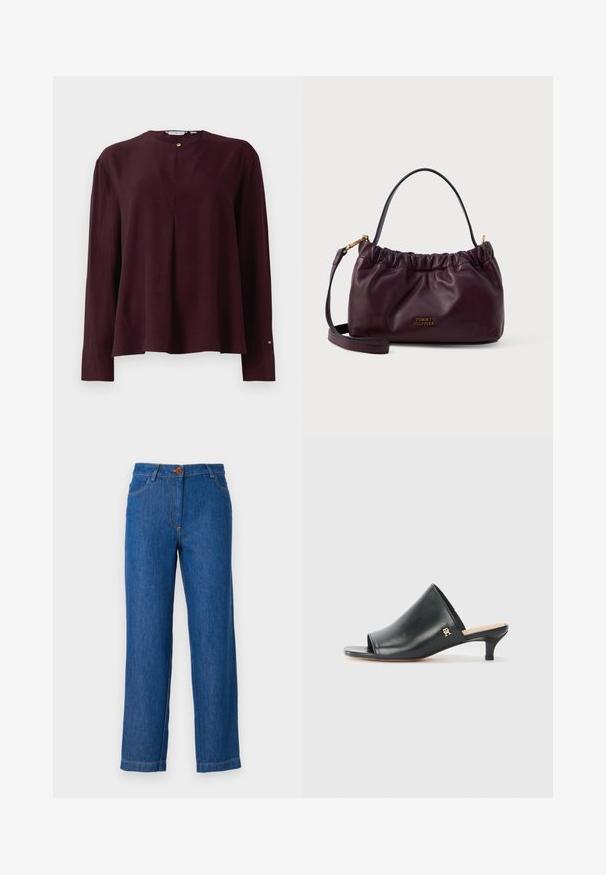 Dunkelburgunderfarbene Bluse mit langen Ärmeln, rundem Halsausschnitt, vorderer Falte und einem goldenen Knopfverschluss am Hals.; Blaue Jeans aus Denim mit geradem Schnitt, ausgestattet mit einem Frontknopfverschluss, Gürtelschlaufen und sichtbaren Nähten entlang der Nähte.; Schwarze Leder-Pantoletten mit offenen Zehen und niedrigem Absatz. Sie verfügen über eine glatte Oberfläche und ein goldenes Logo-Detail an der Seite.; Burgunderfarbene Lederhandtasche mit gerafftem Design, goldenen Hardware-Akzenten und einem abnehmbaren Riemen; auf der Vorderseite befindet sich ein Logodetail.