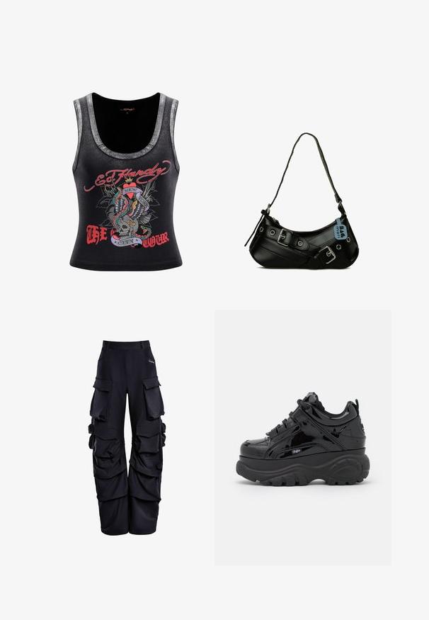 Camisa sin mangas negra con un escote acentuado en plata. Presenta un gráfico colorido de una calavera con serpientes y alas, con el texto "Ed Hardy New York."; Pantalones cargo negros de tejido texturizado, con múltiples bolsillos grandes, un ajuste relajado y detalles fruncidos a lo largo de los lados.; Zapatillas negras de plataforma con un acabado brillante de charol, que cuentan con suelas de goma gruesas, diseño de cordones y un detalle de logotipo en el lateral.; Bolso sintético negro con forma curva, strap ajustable y hebillas metálicas decorativas. Presenta una textura suave y brillante.