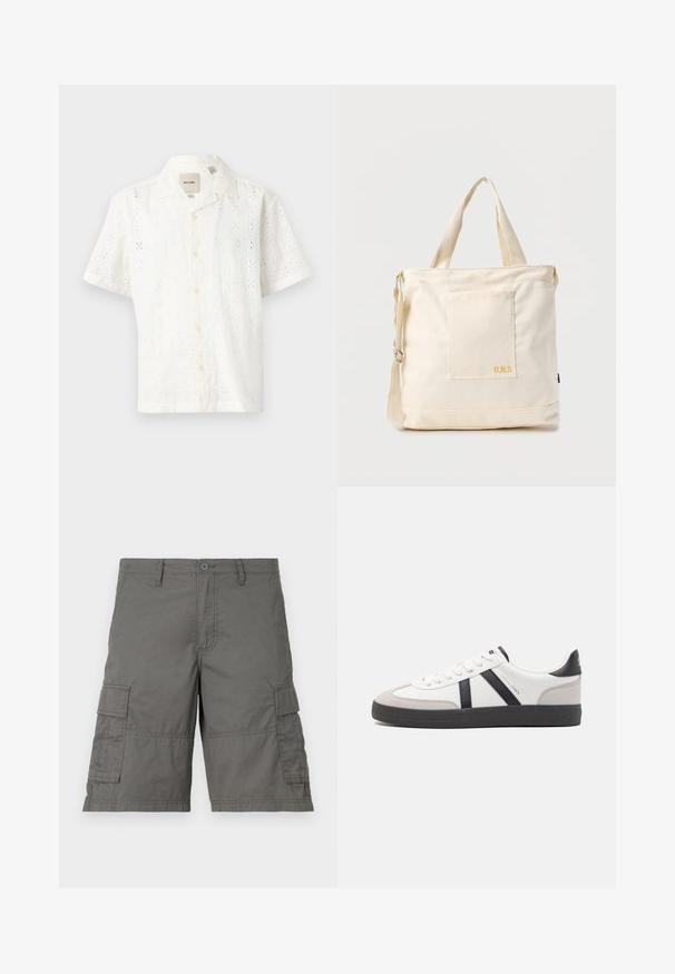 Chemise blanche à manches courtes en coton texturé avec un motif de broderie florale, boutonnière sur le devant et col.; Shorts cargo gris avec fermeture à bouton, plusieurs poches latérales et détails de couture. Fabriqués en tissu léger et durable.; Baskets blanches avec des accents noirs et gris, présentant un embout texturé gris, une semelle en caoutchouc noir et des lacets plats blancs. Design épuré, style minimaliste.; Sac fourre-tout en toile crème avec poche avant, deux poignées, bandoulière réglable et petit texte jaune "O.N.S" en bas à droite de la poche.