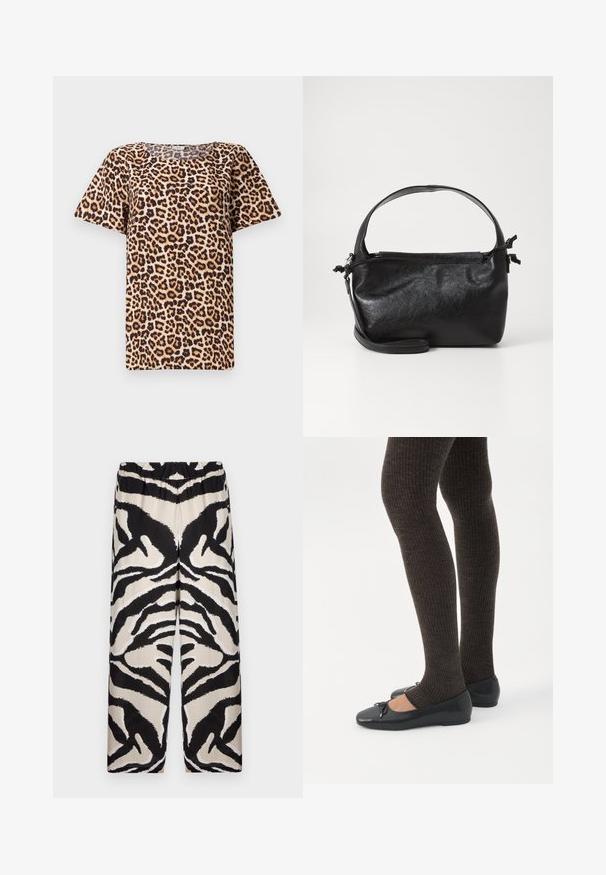 Top à manches courtes en imprimé léopard, avec un col rond, réalisé en tissu doux sur un fond beige avec des taches brun-noir.; Pantalons à jambes larges à motifs noir et beige, avec une taille élastique, mettant en valeur un audacieux motif de rayures zèbre dans un tissu lisse.; Jambes portant des leggings côtelés foncés associés à des ballerines noires avec de petits détails en nœud sur fond blanc.; Sac à main en cuir noir au design structuré, avec une poignée arrondie et une bandoulière amovible. Présente une texture lisse et un éclat subtil.