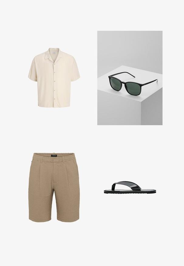 Beige herenoverhemd met korte mouwen, knoopsluiting, campkraag, enkele borstzak en een casual pasvorm.; Beige shorts van gestructureerde stof met een gekreukt oppervlak, een elastische tailleband en twee plooien aan de voorkant.; Zwarte platte teenslipper met brede teenband en gestructureerde zool, zijaanzicht op een witte achtergrond.; Zwarte rechthoekige zonnebril met donkergroene lenzen, voorzien van een lichtgewicht plastic frame en zilveren Accenten op de pijlen.