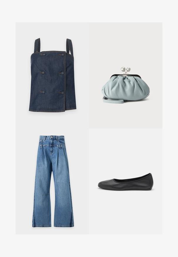 Μπλε σκούρο denim τοπ χωρίς μανίκια με διπλή σειρά κουμπιών και ορατή καφέ ραφή σε ανοιχτό φόντο.; Μπλε ψηλόμεσο τζιν παντελόνι με φαρδύ μπατζάκι, πιέτες κάτω από τη ζώνη και διακριτικές οριζόντιες ραφές στους μηρούς, παρουσιασμένο σε απλό φόντο.; Μαύρο δερμάτινο μπαλαρίνι με στρογγυλή μύτη, λεία υφή, ελάχιστες λεπτομέρειες ραφής και σχεδίαση ευέλικτης σόλας.; Μικρό ανοιχτό μπλε δερμάτινο πορτοφόλι για κέρματα με ασημί μεταλλικό κούμπωμα τύπου kiss-lock και κοντό λουράκι καρπού σε μονόχρωμο φόντο.