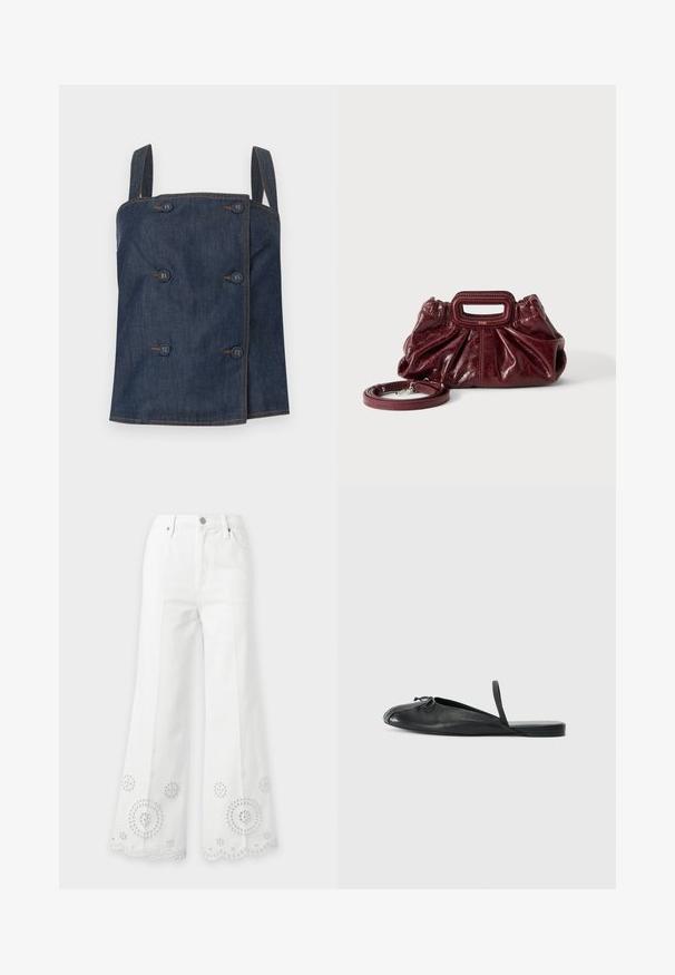 Haut sans manches en denim bleu foncé avec un double boutonnage et des coutures marron visibles sur un fond clair.; Jean blanc taille haute à jambes larges avec broderie florale en œillet et ourlets festonnés.; Chaussure slip-on en cuir noir avec un bout arrondi, des découpes latérales et une fine sangle au niveau du talon. Texture lisse avec un design minimaliste.; Petit sac à main en cuir rouge foncé avec texture froncée, poignée rectangulaire découpée pour la main et bandoulière détachable sur fond blanc.