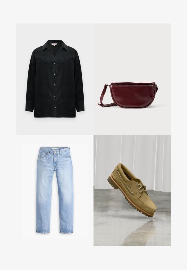 Zwarte corduroy shirt met V-hals, lange mouwen, knoopsluiting en subtiele textuur. Beschikt over contrasterende knopen en een losse pasvorm.; Lichtblauwe denim jeans met een rechte pijp, vijf zakken en een middelhoge taille. Heeft een vervaagde textuur en een gestikte zoom.; Lichtbruine suède bootschoen met veters aan de voorkant en een robuuste zool, schuin geplaatst boven een reflecterend grijs oppervlak binnenshuis met een witte gordijnachtergrond.; Dieprode lederen handtas met een halve-maansvorm, een ritssluiting en een afneembare riem. Gladde textuur met een subtiele glans.