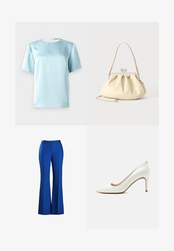 Blusa de satén azul claro de manga corta con escote redondo, mostrada sobre un fondo blanco liso.; Pantalones azules acampanados hechos de tejido texturizado, con una cintura ajustada y detalle de plisado en la parte delantera, adecuados para ocasiones formales o informales.; Tacón de aguja blanco de cuero con punta afilada, tacón alto y delgado, y acabado suave, mostrado de lado sobre un fondo claro y liso.; Bolso de mano de piel suave color crema con diseño fruncido, cierre de marco plateado, asa corta y una correa de cadena desmontable.