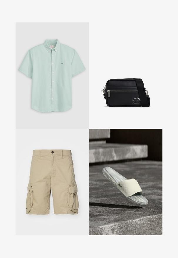 Lichtblauw overhemd met korte mouwen, knopen aan de voorkant, een button-down kraag en klein logo op de linkerborst tegen een egale achtergrond.; Beige cargoshorts van katoen met zijzakken, een knoopsluiting en een recht gesneden ontwerp. Zachte textuur.; Witte White Reef slidesandaal hangend boven grijze tekstuurrijke betonnen treden in zacht natuurlijk licht, met zichtbaar zijlogo en zool details.; Zwarte synthetische schoudertas met zilveren rits, verstelbare schouderriem en een logo-print. Heeft een rechthoekige vorm en een gladde textuur.