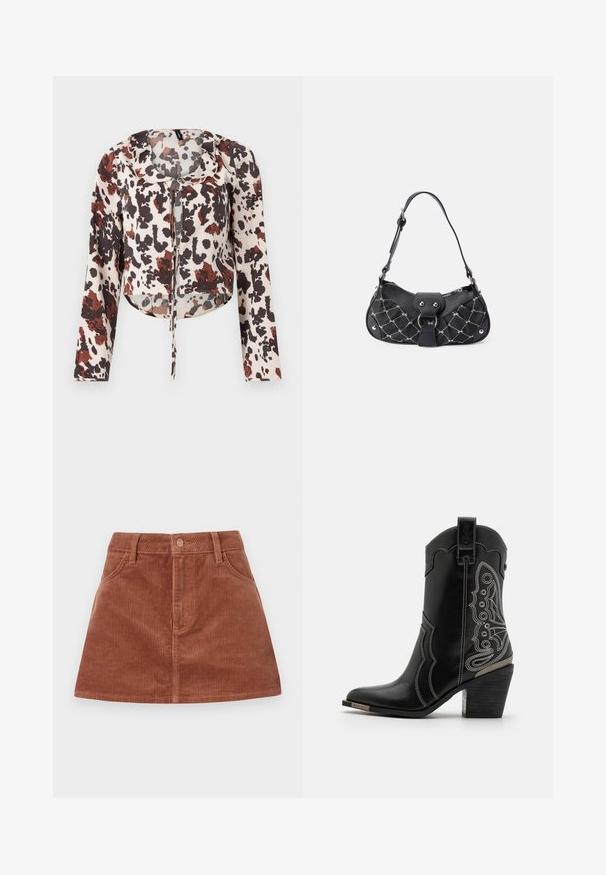 Korte blouse met een trekkoord, met een beige basis en een bruine en rode abstracte print. Lange mouwen en een zachte, gestructureerde stof.; Bruine corduroy mini-jurk met verticale geribde textuur, voorzakken, een knoopsluiting en een rechte snit.; Zwarte leren cowboylaars met witte stiksels en een sierlijk ontwerp aan de zijkanten. De hak is chunky en textuur, met een metallic accent.; Zwarte handtas met een gekruist textuur, voorzien van zilveren hardware, een gebogen vorm en een enkele verstelbare hengsel. Ritssluiting aan de bovenkant.