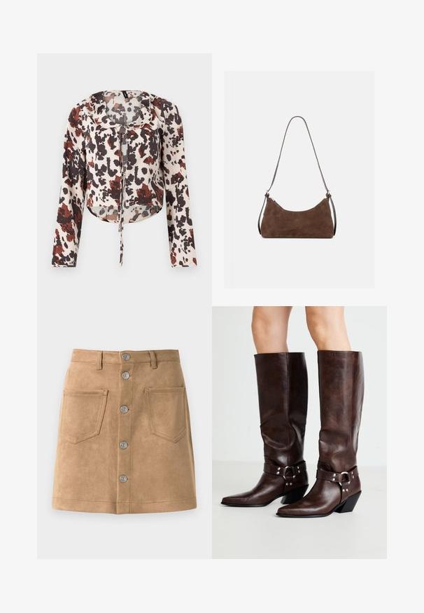 Blouse raccourcie avec cordon de serrage, présentant une base beige et un imprimé abstrait brun et rouge. Manches longues et tissu doux et texturé.; Jupe en daim beige avec une coupe ajustée, cinq boutons métalliques sur le devant et deux poches avant, présentant une texture lisse et des bords nets.; RAID NEVIS - Bottes de cowboy / motard - brown; Sac à épaule en daim marron avec une fermeture éclair incurvée en haut et une fine bandoulière réglable, présenté sur un fond clair uni.