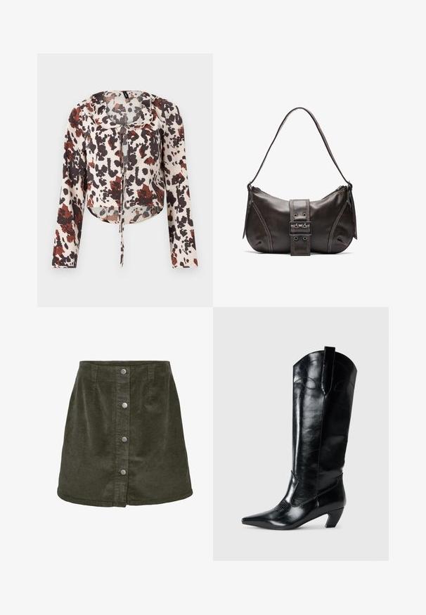 Blusa corta con cordón, que presenta una base beige y un estampado abstracto en marrón y rojo. Mangas largas y un tejido suave y texturizado.; Falda mini de pana en verde oscuro con forma de línea A, que cuenta con cinco cierres de botones plateados en la parte delantera y textura acanalada vertical.; Botas de cuero negras hasta la rodilla con punta afilada, tacón bajo y detalle de costura decorativa en los laterales. Acabado suave y brillante.; Bolso de hombro de cuero marrón con forma curva, que presenta un prominente detalle de hebilla, costuras en contraste y una sola correa para el hombro.