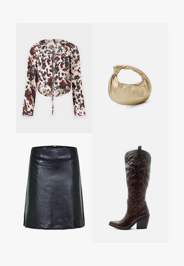 Korte blouse met een trekkoord, met een beige basis en een bruine en rode abstracte print. Lange mouwen en een zachte, gestructureerde stof.; Zwarte leren A-lijn rok met zichtbare stiksels en een lichte glans, met een hoge taille en een korte zoom.; Lange donkerbruine leren cowboylaars met gestikte decoratieve patronen, spitse neus en gestapelde blokhak.; Gouden metalen handtas met een gladde, glanzende textuur. Voorzien van een geknoopte handgreep en een ronde, zachte vorm. Ritsluiting aan de bovenkant.