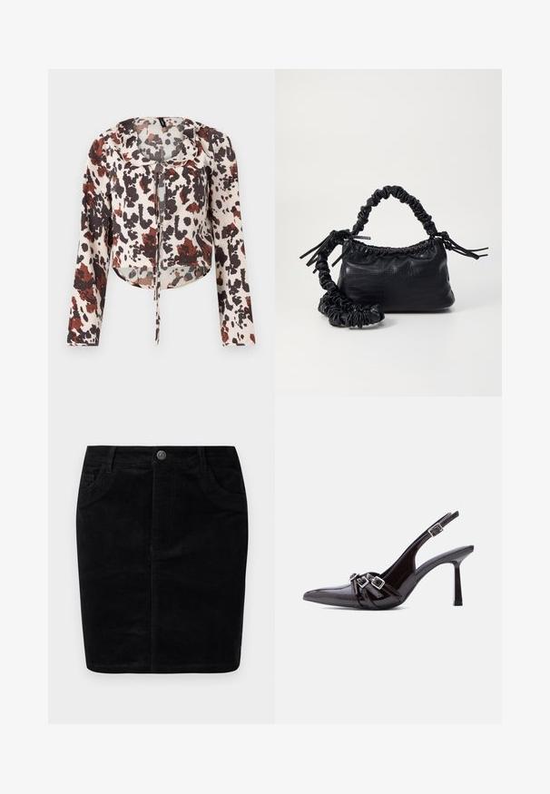 Blouse raccourcie avec cordon de serrage, présentant une base beige et un imprimé abstrait brun et rouge. Manches longues et tissu doux et texturé.; Jupe en velours côtelé noir avec une coupe droite, fermeture à boutons, poches avant, texture ribbée et finition mate.; Chaussure à talon haut slingback en cuir verni noir, bout pointu, avec trois brides décoratives bouclées sur le dessus.; Sac à main en simili cuir noir avec une texture crocodile, un dessus resserré et une sangle froncée. A l'apparence douce et compacte.