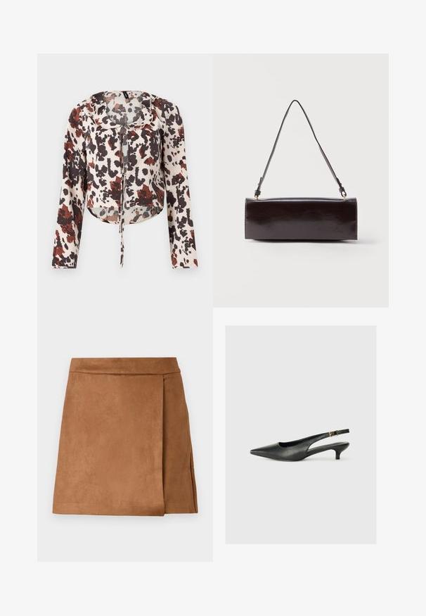 Blouse raccourcie avec cordon de serrage, présentant une base beige et un imprimé abstrait brun et rouge. Manches longues et tissu doux et texturé.; Jupe mini en daim marron avec un design enveloppant, présentant une texture lisse et une finition propre à l'ourlet. Pas de matériel ou d'accents visibles.; Chaussure slingback noire à bout pointu en cuir lisse. Présente un talon fin et un détail de boucle sur la sangle réglable.; Sac à main rectangulaire en cuir noir avec une longue bandoulière unique et une finition brillante, présenté sur un fond blanc uni.