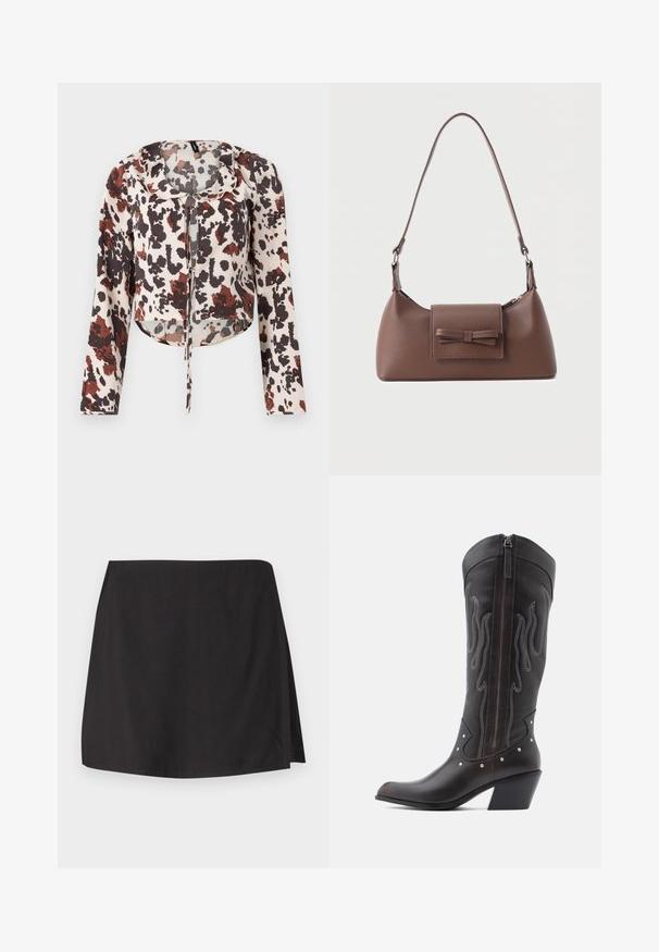 Blouse raccourcie avec cordon de serrage, présentant une base beige et un imprimé abstrait brun et rouge. Manches longues et tissu doux et texturé.; Jupe noire en tissu lisse, dotée d'une coupe droite et d'une fente sur un côté. Design simple sans motifs ni embellissements.; Bottes de cowboy en cuir marron avec surpiqûres en forme de flammes, fermeture éclair latérale, clous argentés, bout pointu et talon superposé.; Sac à bandoulière en cuir marron avec une poche à rabat avant ornée d'un détail en forme de nœud cousu et une sangle réglable.
