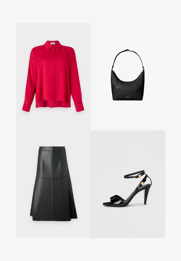 Rode button-up shirt met een kraag, lange mouwen en een relaxte pasvorm. Gladde textuur, geen zichtbare patronen of accenten.; Zwarte leren A-lijn rok, met een gladde textuur, tot halverwege de kuit, met horizontale stikdetails in de taille en naden voor extra structuur.; Zwart lakleren hoge hak sandaal met dubbele enkelbandjes en gouden gespen, open teen en slanke, taps toelopende hak op een neutrale achtergrond.; Zwarte gestructureerde leren schoudertas met een enkele riem en een klein Calvin Klein-logo aan de voorkant in het midden.