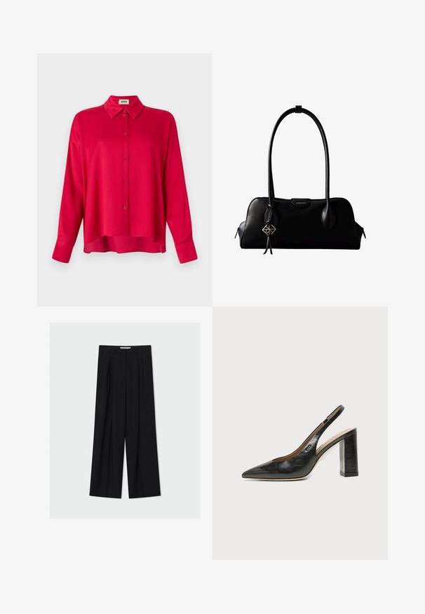 Chemise rouge à boutons avec col, manches longues et coupe décontractée. Texture lisse, sans motifs ni accents visibles.; Pantalon noir taille haute à jambes larges avec passants de ceinture et plis devant, présenté sur un fond gris clair.; Chaussure slingback en cuir noir à bout pointu avec un talon bloc haut et une doublure intérieure beige sur un fond clair uni.; Sac à main en cuir noir Calvin Klein avec de longues anses, une étiquette logo à l'avant et un charme géométrique argenté suspendu à une anse.