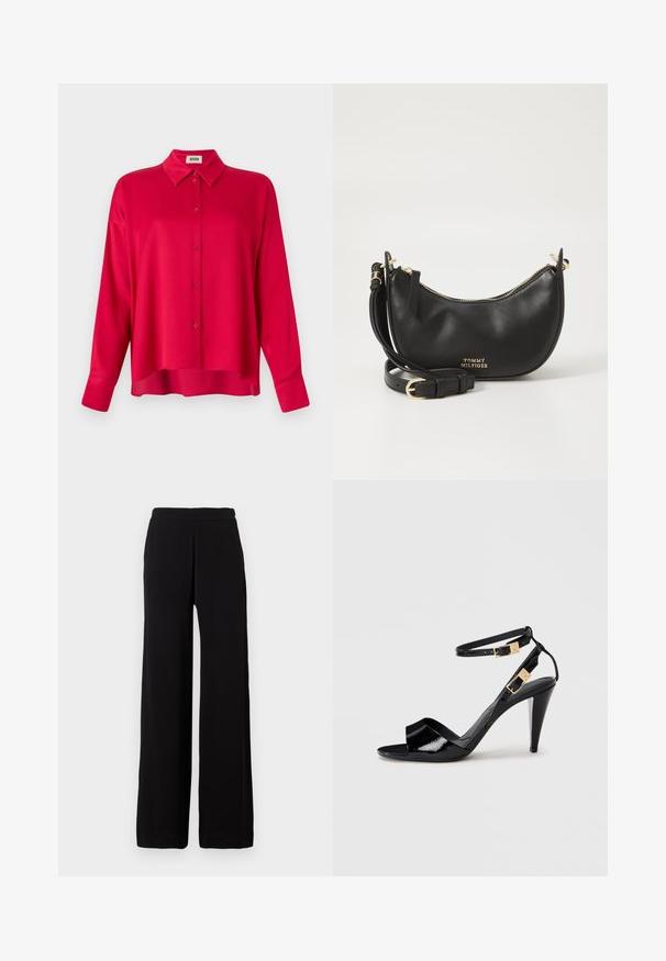 Chemise rouge à boutons avec col, manches longues et coupe décontractée. Texture lisse, sans motifs ni accents visibles.; Pantalon noir à jambes larges en tissu doux avec une taille élastique, présentant un design épuré sans motifs ni accents visibles.; Sandale à talon haut en cuir verni noir avec double bride de cheville et boucles dorées, bout ouvert, et talon effilé sur fond neutre.; Sac à épaule en cuir noir de forme arrondie, fermeture éclair dorée et détail logo à l'avant. Bretelle ajustable incluse.