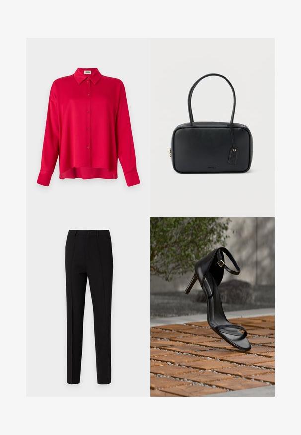 Chemise rouge à boutons avec col, manches longues et coupe décontractée. Texture lisse, sans motifs ni accents visibles.; Pantalon noir à coupe slim, doté d'une fermeture à bouton, de deux poches latérales et d'une texture de tissu lisse. Des rayures verticales sont visibles.; Sandale noire à talon haut avec sangle à la cheville, suspendue au-dessus d'un sol en carreaux de bois à l'extérieur, avec un arrière-plan flou de verdure et de pierre.; Sac à main rectangulaire noir avec doubles poignées arrondies, fermeture éclair dorée et logo "HUGO" embossé sur le devant avec une étiquette en cuir attachée.