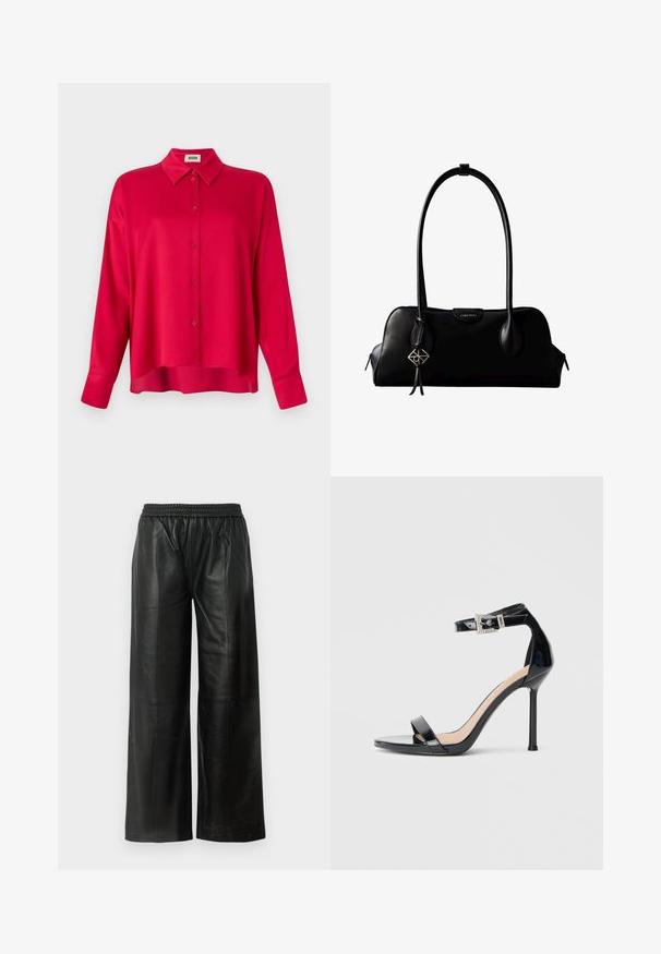 Chemise rouge à boutons avec col, manches longues et coupe décontractée. Texture lisse, sans motifs ni accents visibles.; Pantalons larges en cuir noir avec une taille élastique, affichant une texture lisse et un minimalisme au niveau des coutures.; Sandale à talon haut en cuir verni noir avec bride à la cheville. Présente un design minimaliste, un bout ouvert et une boucle ornée de strass.; Sac à main en cuir noir Calvin Klein avec de longues anses, une étiquette logo à l'avant et un charme géométrique argenté suspendu à une anse.