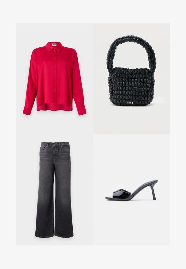 Rød skjorte med knapper og krave, lange ærmer og en afslappet pasform. Glat tekstur, ingen synlige mønstre eller detaljer.; Bredde ben mørkegrå denimjeans med en subtil falmning, der har knaplukning, fem lommer og en lige kant ved anklen.; Sorte laklæder sandaletter med åben tå, der har et buet overdesign og en spids stilethæl. Glat, blank finish.; Lille sort quiltet håndtaske med kort polstret håndtag og "HUGO" mærke på forsiden, vist mod en ensfarvet lys baggrund.