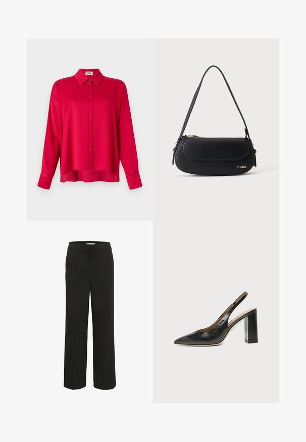 Rode button-up shirt met een kraag, lange mouwen en een relaxte pasvorm. Gladde textuur, geen zichtbare patronen of accenten.; Zwarte pantalon met streepdessin en een rechte tailleband met riemlussen, gemaakt van geweven stof, met verticale strepen in een contrasterende kleur.; Zwarte leren slingback schoen met spits toelopend neusje, hoge blokhak en beige binnenvoering tegen een effen lichte achtergrond.; Zwarte leren schoudertas met gebogen klep, gouden "HUGO" logo aan de voorkant en een enkele verstelbare riem.