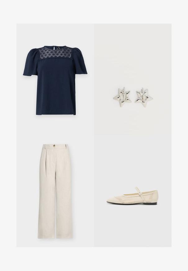 Helltaublauer Kurzarm-Top mit strukturiertem Oberteil und einem Spitzenbesatz am Kragen. Knopfverschluss hinten, leicht puffige Ärmel.; Beige Leinenhose mit hoher Taille und weitem Bein, mit Gürtelschlaufen, Knopfverschluss und vorderen Falten.; Beige Ballerinas mit spitzem Zeh, einer Überlagerung aus Netzdesign und einem seitlichen Schnallenriemen. Flache Sohle mit glatter Textur.; Silberne, sternförmige Creolen mit einer glatten, polierten Oberfläche auf weißem, schlichtem Hintergrund.